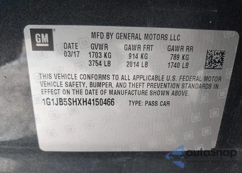 2017 Chevrolet Sonic Ls Auto from USA, damaged, VIN 1G1JB5SHXH4150466